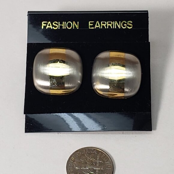 Gold  Silver Dual-Tone Stud Earrings Modern Stripe Design, 0.75” Fashion Jewelry - Picture 7 of 8